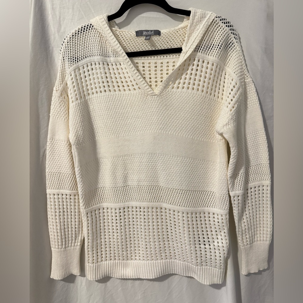 Marled White Hooded Knit Sweater